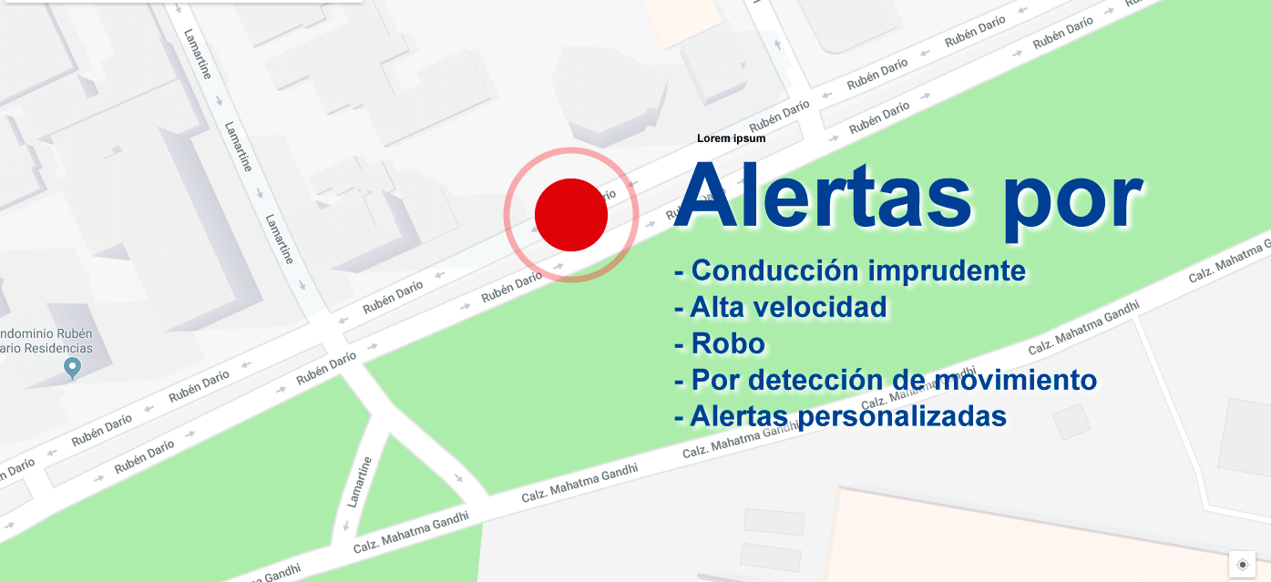 alertas por conducción imprudente, alta velocidad, robo, por detección de movimiento y alertas personalizadas